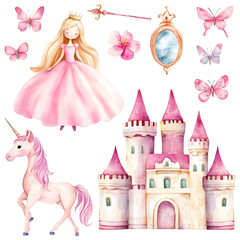 pink princess castle. Watercolor Princess Clipart with Castle, Horse, Magic Wand, Flowers and Butterflies
