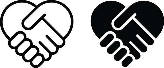 Fototapeta premium Two heart shaped handshake icons in black and white vector graphics