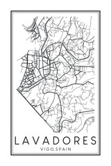 Fototapeta premium Hand drawn printable downtown road map poster of district LAVADORES of the Spanish city of VIGO on solid white background with city name