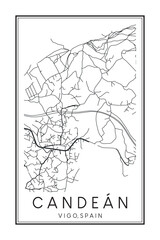 Hand drawn printable downtown road map poster of district CANDEÁN of the Spanish city of VIGO on solid white background with city name