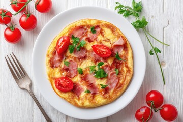 Delicious Breakfast Omelet with Ham and Tomatoes