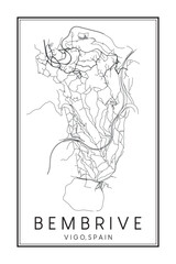 Hand drawn printable downtown road map poster of district BEMBRIVE of the Spanish city of VIGO on solid white background with city name