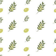 Botanical vector seamless pattern. Olive tree branches with fruits, olives on white background.
