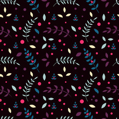 Seamless vector pattern. Branches and red fruits on a dark background.