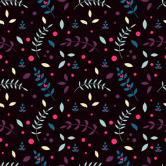 Seamless vector pattern. Branches and red fruits on a dark background.