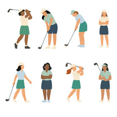 Diverse Female Golfers Vector Set – Flat Style Women Playing Golf in Different Poses