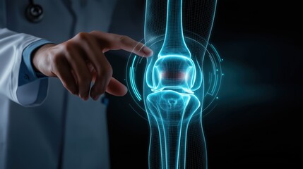 Digital Anatomy: A glowing digital representation of a human knee joint hovers in space, highlighted by the touch of a doctor's hand. Ai image
