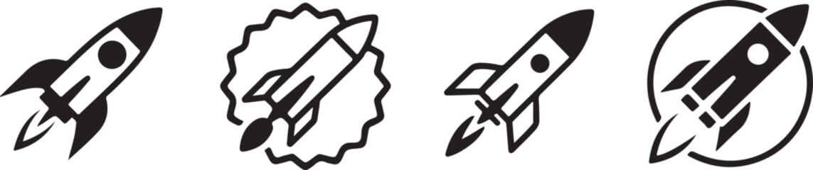 Four Black Rocket Ship Icons White Background vector