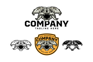 Tiger head skull with front and side view badge logo vector design set for wildlife, adventure, hunter. Wild tiger cranium vintage illustration emblem logo collection with colorful, outline and glyph