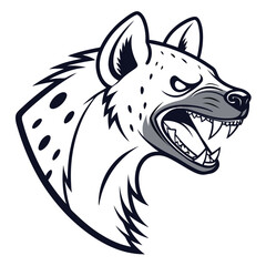 Illustration shows an aggressive hyena head roaring with sharp teeth and monochrome coloring for print