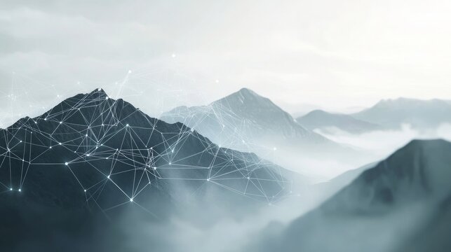 A futuristic abstract background showcasing low-poly lines and digital connections over a foggy mountain landscape The muted tones and soft focus give the design a calming yet technological ambiance