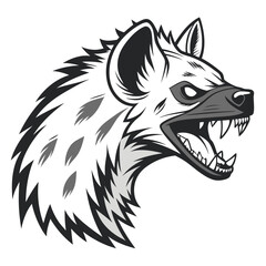 Monochrome hyena head shows its sharp teeth with an aggressive, snarling look, it has a transparent background