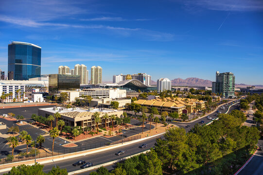 Las Vegas, Nevada, USA - November 10, 2023 : Aerial view of Las Vegas Convention Center West Hall with surrounding city buildings and hotels including Westgate, Fontainebleau and Marriott.