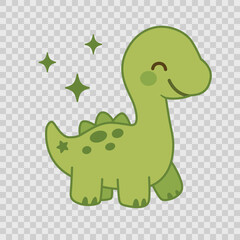 Cute cartoon dinosaur illustration with sparkles, perfect for kids' products, nursery designs, prints, educational materials, preschool design themes. Transparent background
