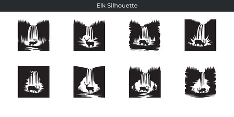 Minimalist illustrations of elk silhouettes in nature scenes with waterfalls and trees