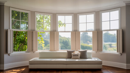 A modern interior room featuring a curved bay window with white-framed windows and beige plantation shutters