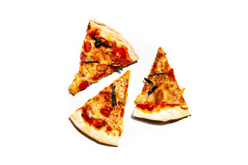 Slices of pizza on white background.