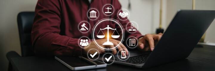 Person working on a laptop with legal icons overlaid.