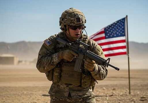 Focused soldier aims rifle with American flag backdrop in arid landscap