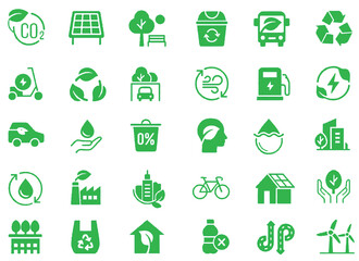 Eco-Friendly Icons: A collection of diverse and minimalist green icons representing various aspects of environmental sustainability. Emphasizing eco-friendliness, green energy, and conservation.