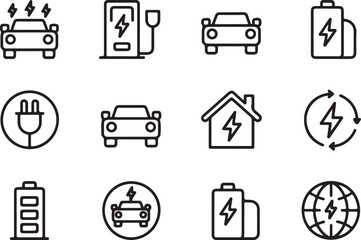 Twelve Black and White Electric Vehicle Line Art Icons