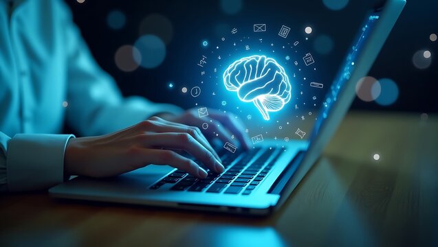 Person typing on a laptop with a glowing brain graphic above the keyboard