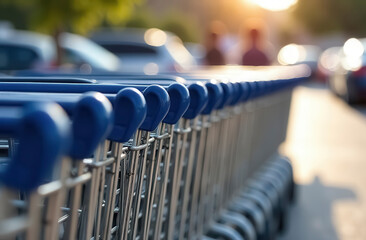Close-up of a row of shopping carts lined up in a grocery store parking lot.