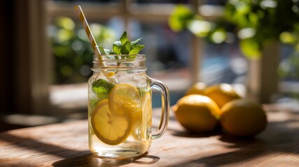 Refreshing summer drink in a mason jar with lemon and mint displayed indoors