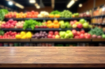 An empty wooden table in a blurred background of a grocery store displaying fresh fruits and vegetables