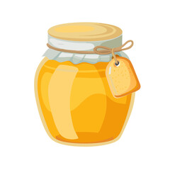 Glass Jar Full of Golden Honey with Tied Label Isolated on White Background
