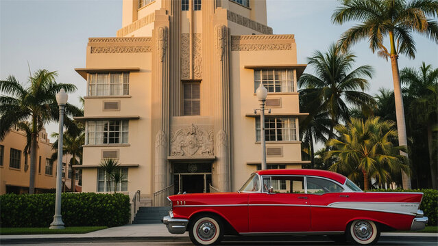 Fototapeta Classic Vintage Car Parked in Front of Historical Building