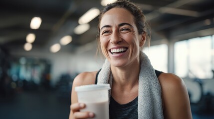 A cheerful athletic woman at the gym smiles broadly while holding a protein shake after a vigorous workout, enjoying the feeling of accomplishment and vitality.