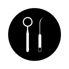 Dental Tools Icon: Dentist Mirror and Probe Instrument Silhouette on Black Circle
