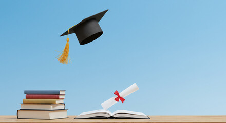 Graduation cap with yellow tassel flying above stack of books and open book with diploma tied with red ribbon on wooden surface under clear blue sky