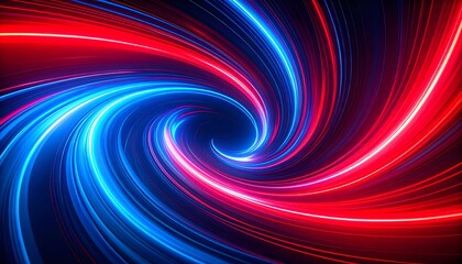 Red and blue neon glitch swirl, digital distortion background.