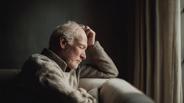 Elderly man resting on couch with hand on head looking thoughtful and calm near window light in cozy room