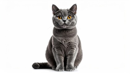 Adorable Grey British Shorthair Cat Sitting Studio Shot White Background Pet Portrait
