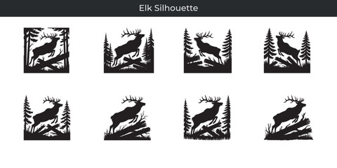 Fototapeta premium Elegant black elk silhouette with antlers jumping over fallen logs in forest landscape