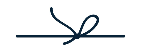 Bow knot, simple string line, thin rope tying. Elegant minimalistic loop, twisting ribbon, lace, decorative element for gift. Cord decoration. Drawn vector illustration isolated on white background