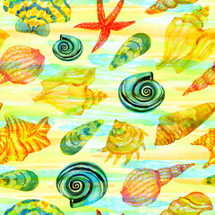 Sea shell beach seamless watercolor pattern