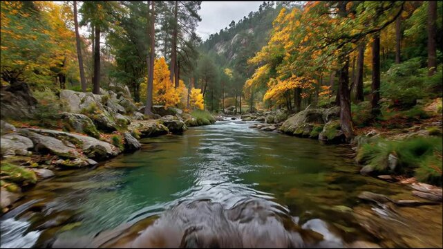 The camera flies along a mountain river with clear emerald water flowing between moss-covered rocks and trees painted in bright autumn hues.