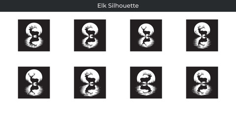 Elegant elk silhouette reflected in water beneath a full moon minimalist wildlife illustration