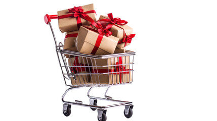Shopping cart full of colorful wrapped gift boxes and festive packages isolated on white background