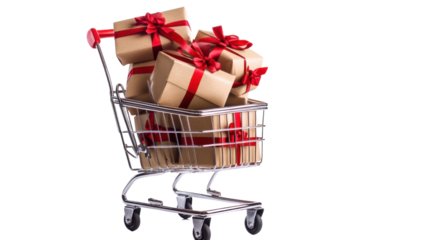 Shopping cart full of colorful wrapped gift boxes and festive packages isolated on white background