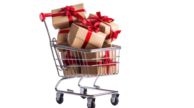 Shopping cart full of colorful wrapped gift boxes and festive packages isolated on white background