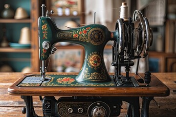Closeup Front View of an Antique Sewing Machine for Seamless Background Integration