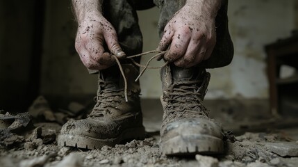 A man's hands tying his muddy boots.