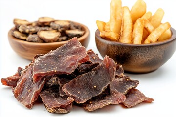 Dried meat biltong with crispy fries and savory snacks on white background