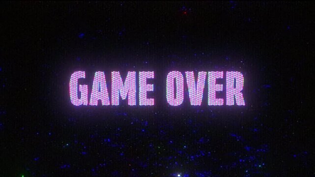 4K Title "Game Over" retro screen with CRT glitch distortion and pixel flicker, VHS-style static and analog scanlines for motion graphics overlay, screen mode, vintage arcade aesthetic