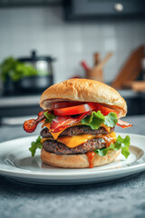 Delicious Double Bacon Cheeseburger on a Plate